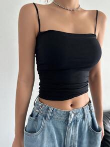 DAZY Women's Solid Color Spaghetti Strap Solid Crop Cami Tops,Thermal Lined - Black - View 7