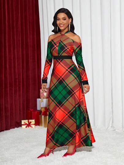 SHEIN Lady Plaid Print Crisscross Halter Neck Dress