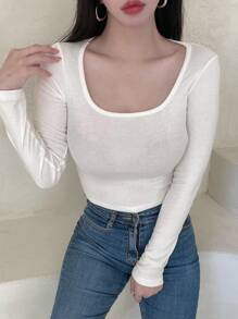 DAZY Áo thun cổ tròn trơn, quần áo mùa thu tay dài cho nữ - trắng - Xem 5