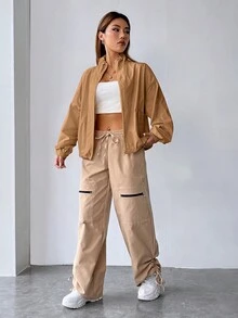 SHEIN EZwear Dây kéo Thả vai Áo khoác - Lạc đà - Xem 4