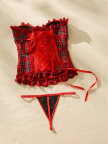 SHEIN Tartan Grommet Lace Up Front Corset Top With Thong - Red - View 2