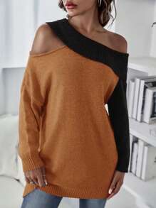 SHEIN LUNE 双色不对称领口落肩针织套头衫秋冬毛衣 - 黃色 - 查看 4