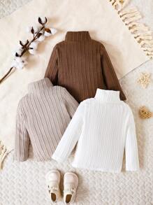 Bebé niña 3 piezas Camiseta tejida de canalé de cuello cisne - Multicolor - Ver 2