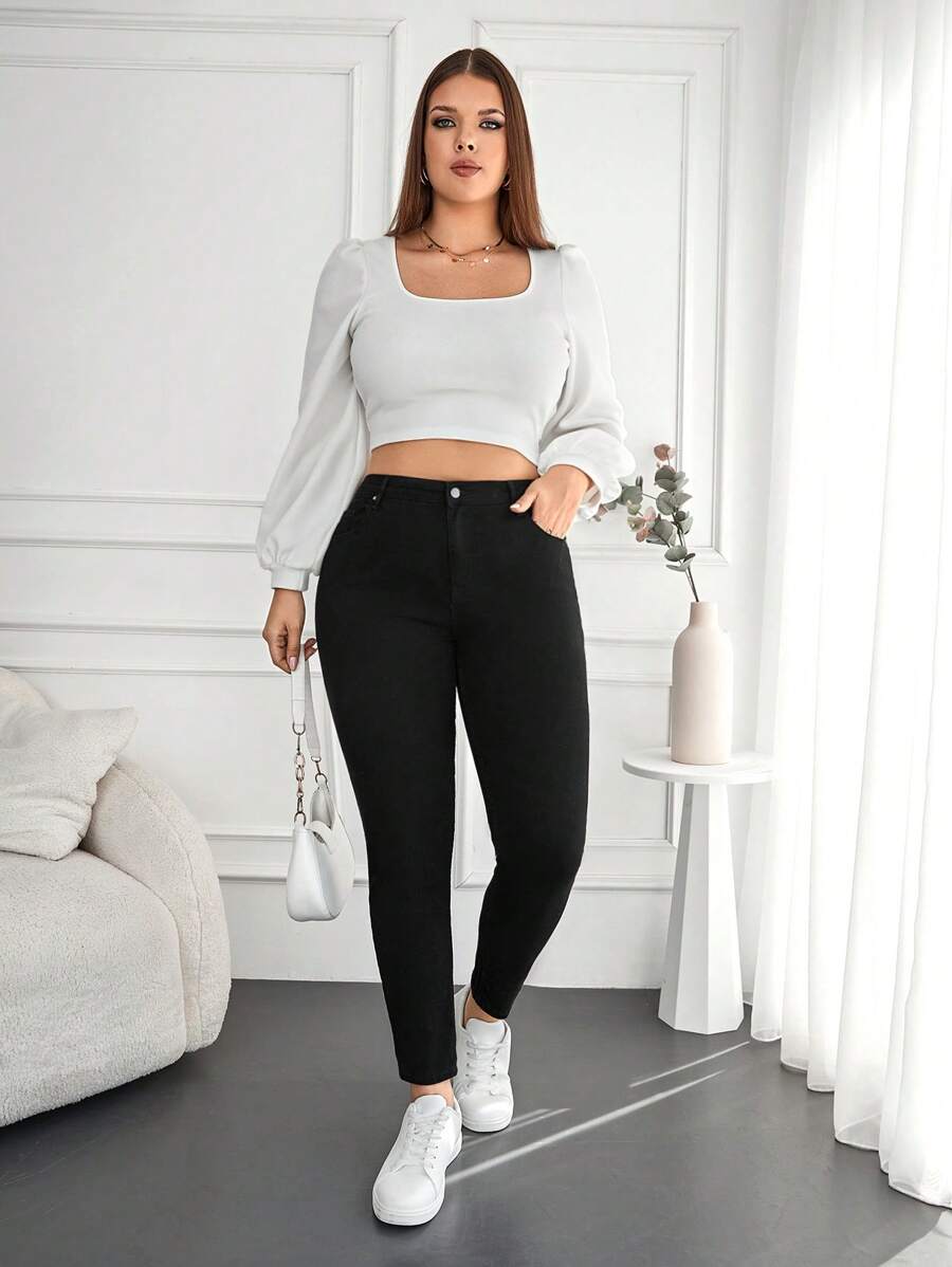 SHEIN Cottnline Plus Size High Waist Skinny Jeans - Black - View 1