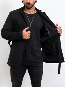 Manfinity Homme Men Lapel Neck Belted Overcoat - Black - View 6