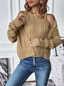 SHEIN Frenchy 麻花編織落肩袖開襟衫&針織吊帶上衣 - 卡其色 - 查看 6