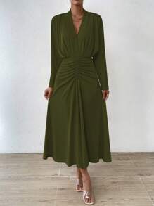 Chiquease 纯色褶皱前 A 字形长款女装 - 軍綠色 - 查看 4
