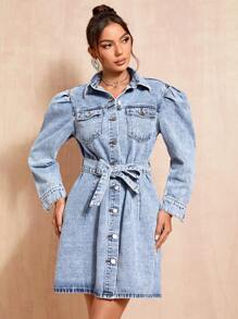 SHEIN BAE 翻蓋口袋腰帶牛仔洋裝 - 中等水洗藍 - 查看 3