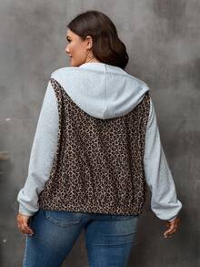 SHEIN LUNE Plus Leopard Print Colorblock Drawstring Hooded Jacket - Khaki - View 2