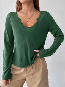 SHEIN EZwear 缺口領素色T恤 - 墨綠色 - 查看 5