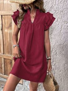 SHEIN VCAY Notched Neckline Ruffle Trim Tunic Dress - Burgundy - View 1