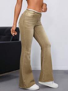 SHEIN ICON 毛邊緣牛仔喇叭褲 - 卡其色 - 查看 4