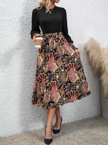 SHEIN Clasi Solid Tee & Paisley Print Belted Skirt - Multicolor - View 1