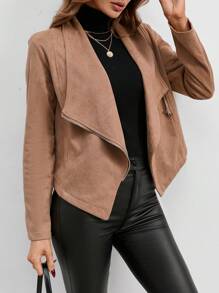 SHEIN LUNE 大翻領拉鏈開襟機車夾克 - 卡其色 - 查看 6