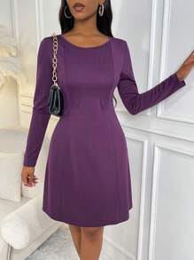 SHEIN Lady Solid Scoop Neck A-line Dress - Purple - View 4