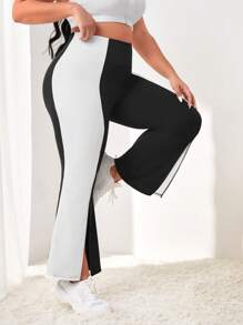 Easithlete Plus Colorblock Split Hem Sports Pants - Black and White - View 4