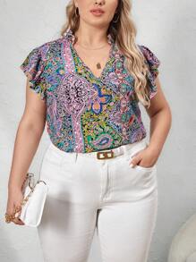 SHEIN Unity 大碼佩斯利印花蝴蝶袖襯衫 - 彩色 - 查看 1