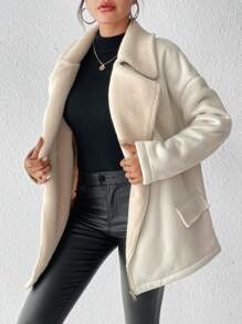 SHEIN Frenchy Lapel Neck Drop Shoulder Teddy Lined Zipper Coat Winter Casual - Apricot - View 4