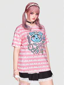 ROMWE Kawaii Plus Cartoon Graphic Round Neck Drop Shoulder Tee - Multicolor - View 5
