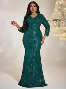 Plus Mermaid Hem Sequin Formal Dress - Green - View 1
