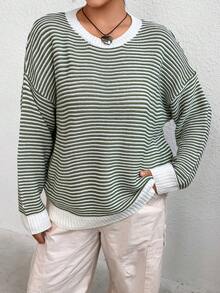 Flirla 大碼條紋圖案落肩袖套頭毛衣 - 紫紅色 - 查看 3