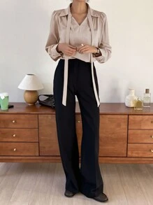 DAZY 净色系带泡泡袖衬衫长袖上衣 - 杏色 - 查看 4