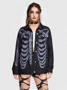 ROMWE PUNK Skeleton Print Drop Shoulder Denim Jacket - Black - View 6
