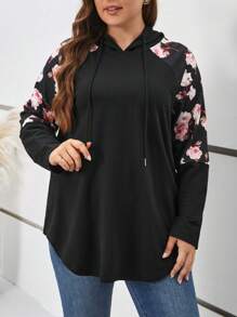 SHEIN Frenchy Plus Floral Print Raglan Sleeve Drawstring Hoodie Graduation,Back To School Outfits,Graduation,Teacher Outfits For Women,Back To School Spring - Black - View 3