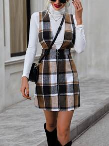 SHEIN LUNE Plaid Print Overall Dress Without Sweater - Brown - View 1