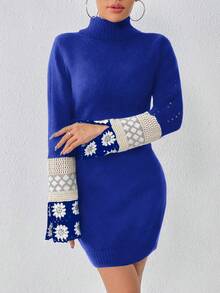 SHEIN Unity 花卉圖案高領開衩袖毛衣洋裝 - 寶藍色 - 查看 6