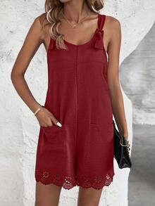 SHEIN LUNE Laser Cut Scallop Trim Dual Pocket Scallop Trim Cami Romper - Burgundy - View 7