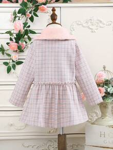 SHEIN Young Girl Plaid Print Borg Collar Frill Trim Overcoat - Multicolor - View 2