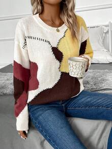 EMERY ROSE Color Block Drop Shoulder Knit Pullover Fall Winter Sweater - Multicolor - View 4