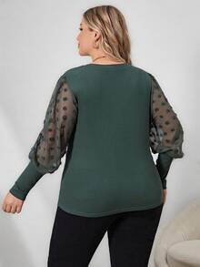 SHEIN Clasi 大碼圓點羊腿袖條紋針織上衣 - 綠色 - 查看 2