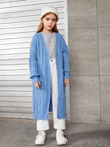 SHEIN Tween Girl Drop Shoulder Pocket Patched Cardigan - Blue - View 4