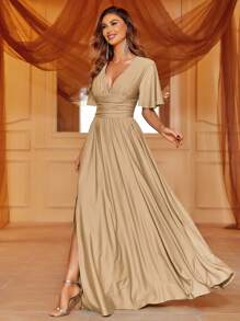 Sophisticated V-Neck Maxi Dress With Flutter Sleeves, Cinched Waist & Thigh Slit – Summer Formal Wear For Galas, Upscale Dinners, Evening Events Bridesmaid Dress