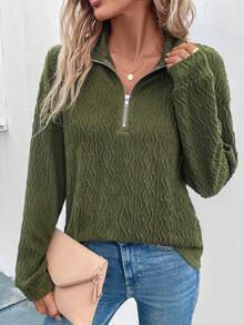EMERY ROSE Half Zip Drop Shoulder Tee - Dark Green - View 6