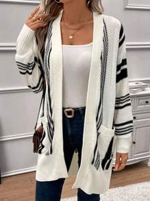 SHEIN LUNE Striped Pattern Dual Pocket Drop Shoulder Duster Cardigan - Black and White - View 3