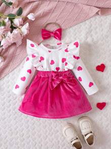 Baby Girl Heart Print Ruffle Trim Bow Front Ruffle Trim 2 In 1 Dress With Headband - Hot Pink - View 1