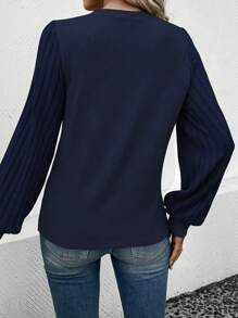 SHEIN LUNE Solid Bishop Sleeve Tee - Navy Blue - View 2
