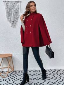 EMERY ROSE 高领双排扣斗篷袖披风外套新年衣服 - 紅色 - 查看 3