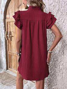 SHEIN VCAY Notched Neckline Ruffle Trim Tunic Dress - Burgundy - View 2