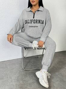 Flirla 大碼字母圖案半拉鏈落肩袖衛衣和衛褲 - 灰色 - 查看 4