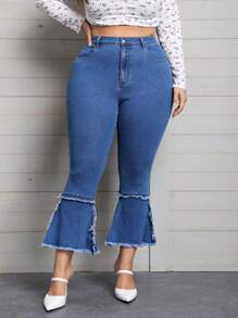 SHEIN Privé 大碼高腰毛邊緣牛仔喇叭褲 - 中等水洗藍 - 查看 1