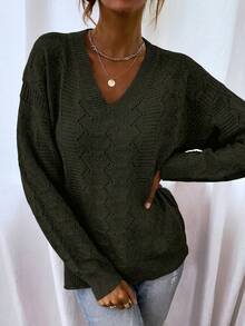 SHEIN LUNE Dệt kim chấm bi Thả vai Áo len - Màu xanh Ô liu - Xem 5