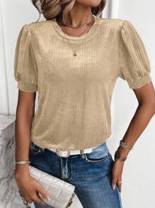 SHEIN LUNE Camiseta unicolor de manga farol - Albaricoque - Ver 6