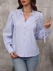 SHEIN LUNE Striped Print Tie Neck Puff Sleeve Blouse Fall Cloth For Women - Blue and White - View 5