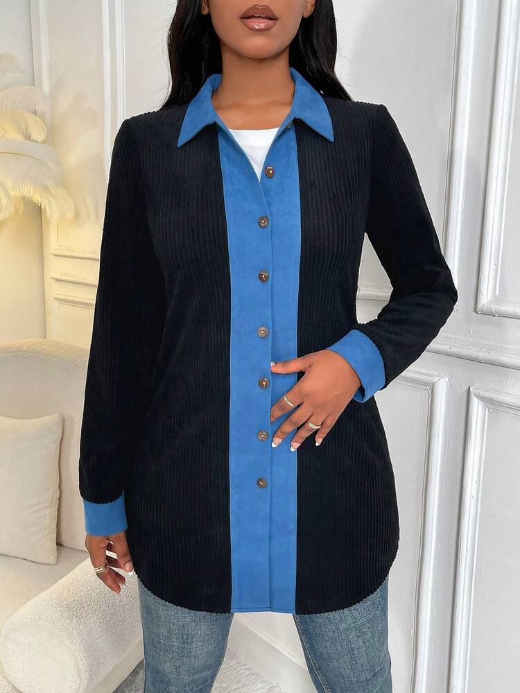 Contrast Trim Button Front Coat Fall Cloth For Women