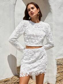 SHEIN VCAY Solid Crop Lace Top & Skirt - White - View 5