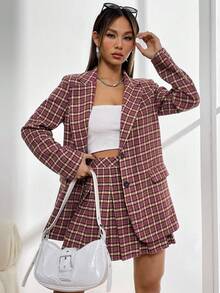 SHEIN Unity 格紋印花西裝領西裝外套&百褶半身裙 - 紫色 - 查看 4